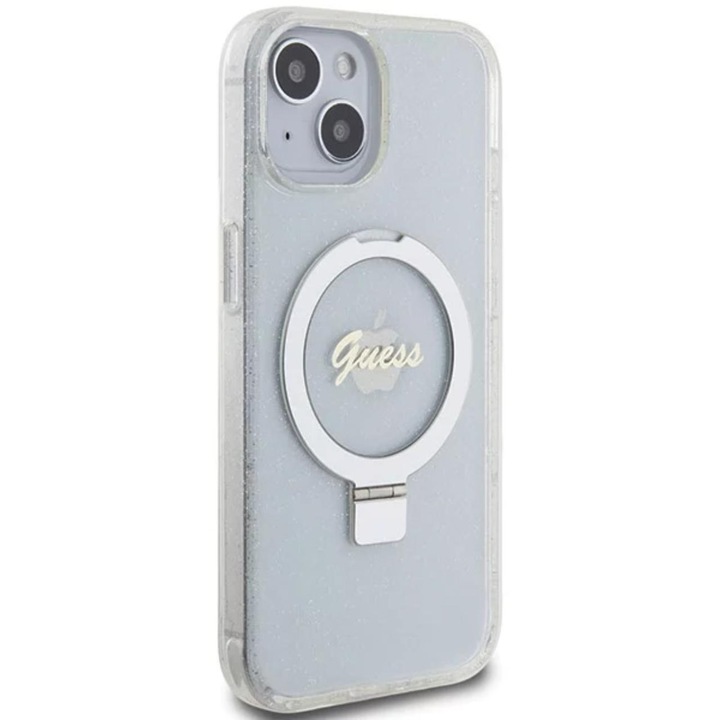 Предпазен калъф Cover Guess IML Ring Stand Glitter MagSafe за iPhone 15 Plus, Прозрачен