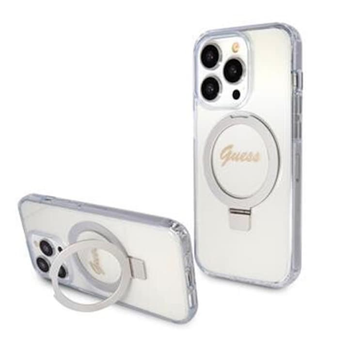 Husa de protectie Cover Guess IML Ring Stand Glitter MagSafe pentru iPhone 15 Pro, Transparent
