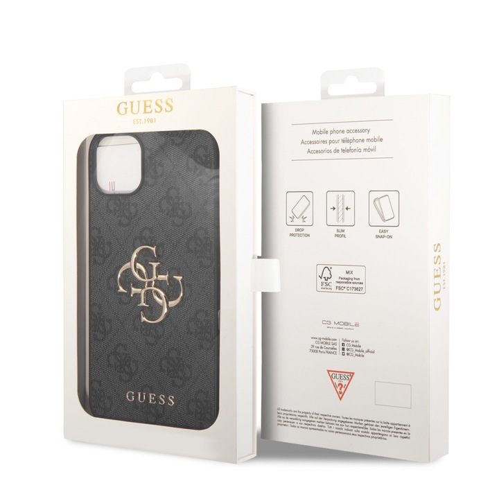 Гръб Guess за iPhone 15, PU, 4G Metal Logo, Сив