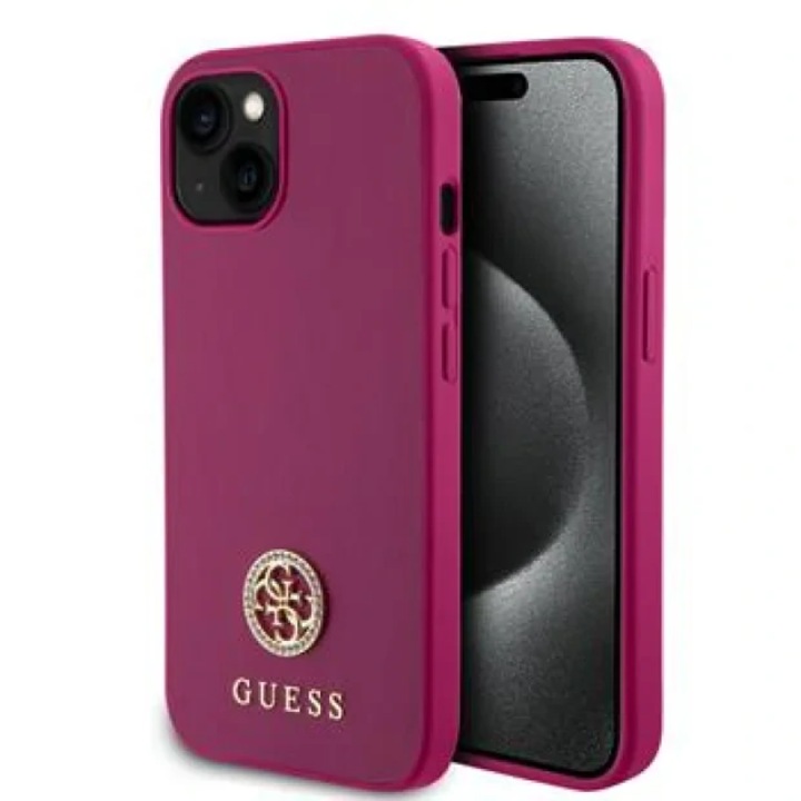 Предпазен калъф Cover Guess PU 4G Strass Metal Logo за iPhone 15, Розов
