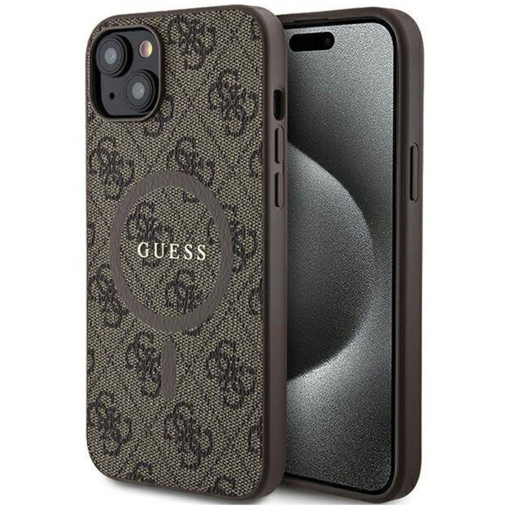 Предпазен калъф Cover Guess PU Leather 4G Colored Ring MagSafe за iPhone 15 Plus, Кафяв