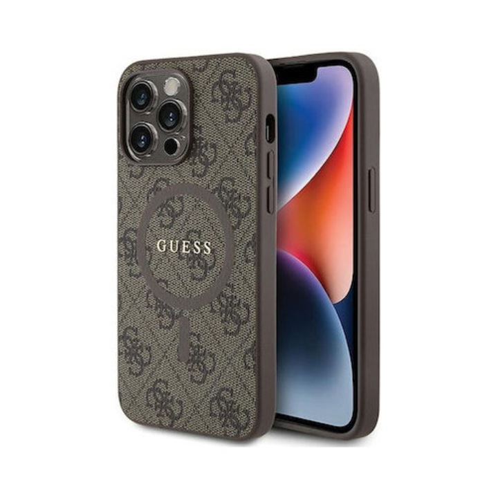Предпазен калъф Cover Guess PU Leather 4G Colored Ring MagSafe за iPhone 15 Pro, Кафяв