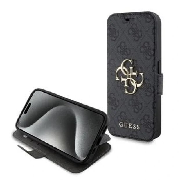 Husa de protectie book Guess PU Leather 4G Metal Logo pentru iPhone 15, Grey