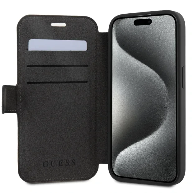 Husa de protectie book Guess PU Leather 4G Metal Logo pentru iPhone 15, Grey