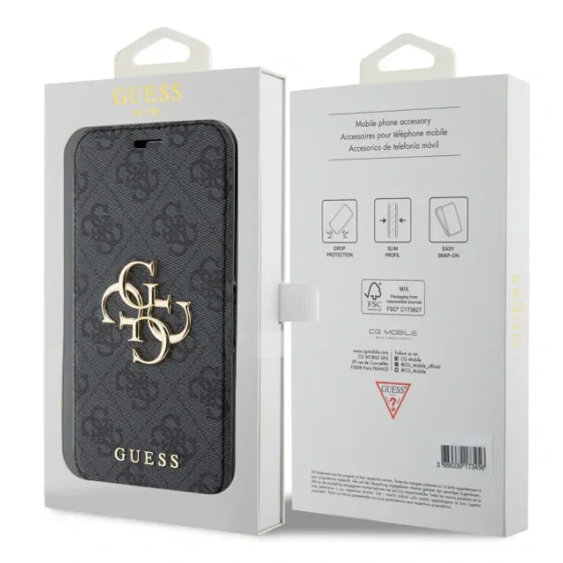 Husa de protectie book Guess PU Leather 4G Metal Logo pentru iPhone 15, Grey