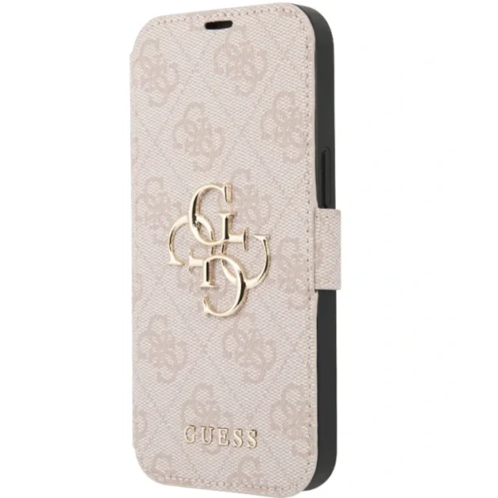 Husa de protectie book Guess PU Leather 4G Metal Logo pentru iPhone 15, Pink