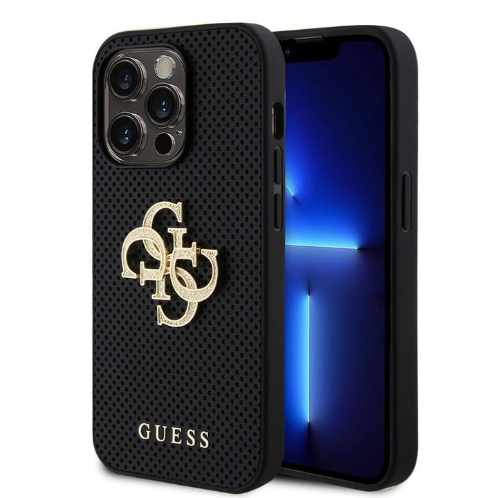 Предпазен калъф Cover Guess PU Perforated 4G Glitter Metal Logo за iPhone 15 Pro Max, Черен