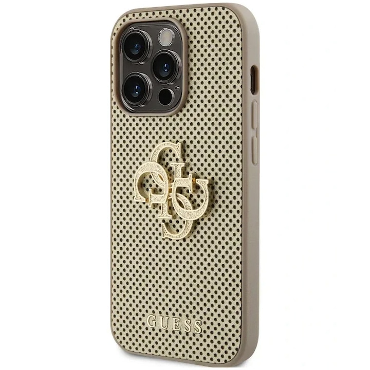 Предпазен калъф Cover Guess PU Perforated 4G Glitter Metal Logo за iPhone 15 Pro Max, Gold