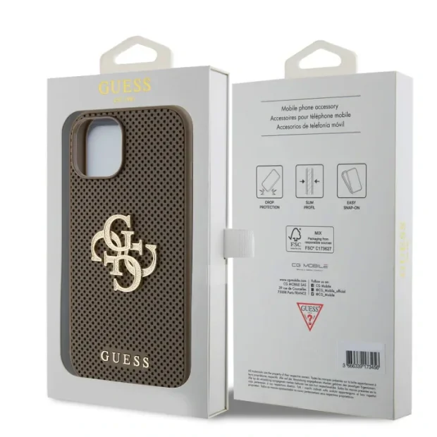 Husa de protectie Cover Guess PU Perforated 4G Glitter Metal Logo pentru iPhone 15, Taupe
