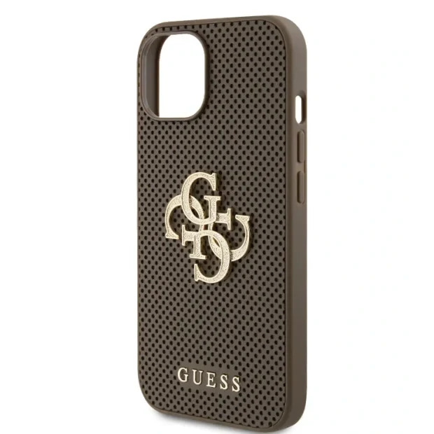 Husa de protectie Cover Guess PU Perforated 4G Glitter Metal Logo pentru iPhone 15, Taupe