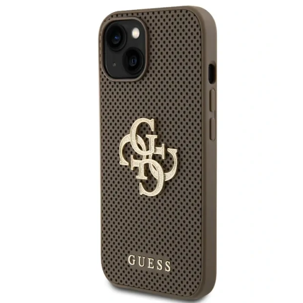 Husa de protectie Cover Guess PU Perforated 4G Glitter Metal Logo pentru iPhone 15, Taupe