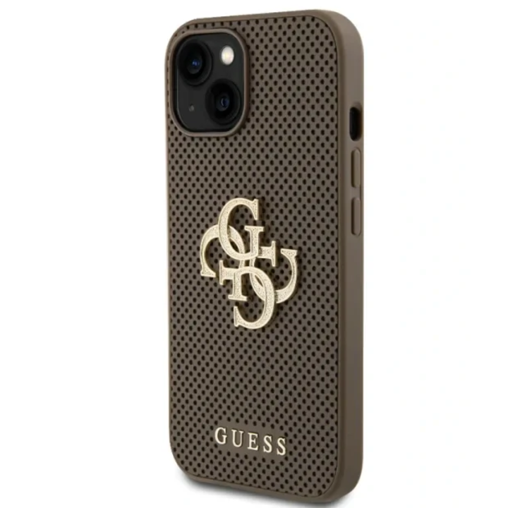 Предпазен калъф Cover Guess PU Perforated 4G Glitter Metal Logo за iPhone 15, Taupe