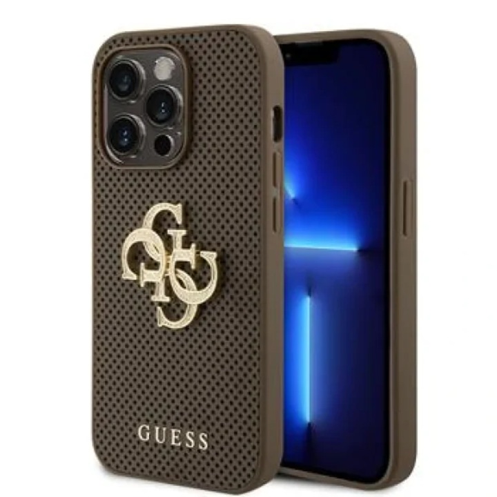 Защитен калъф Cover Guess PU Perforated 4G Glitter Metal Logo, За iPhone 15 Pro Max, Taupe