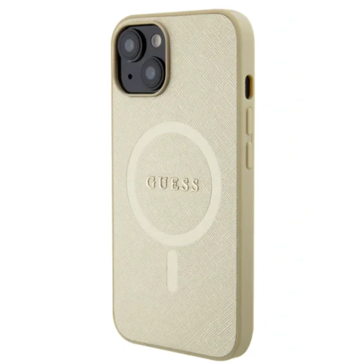 Husa de protectie Cover Guess PU Saffiano MagSafe pentru iPhone 15 Plus, Beige
