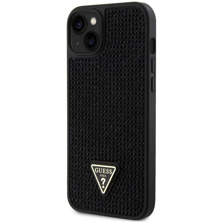 Защитен калъф Cover Guess Rhinestones Triangle Metal Logo, За iPhone 15, Черен