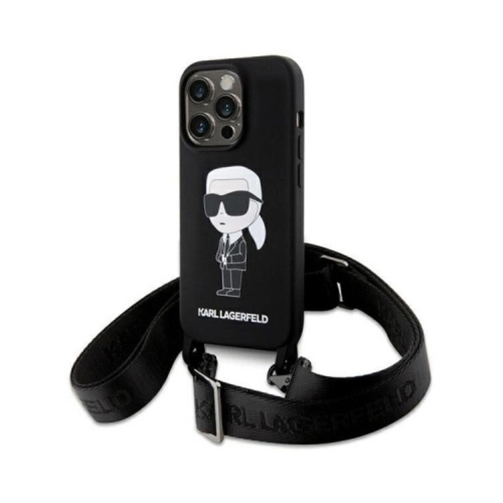 Tokvédő tok Karl Lagerfeld folyékony szilikon kereszttest Ikonik, iPhone 15 Pro Max készülékhez, fekete