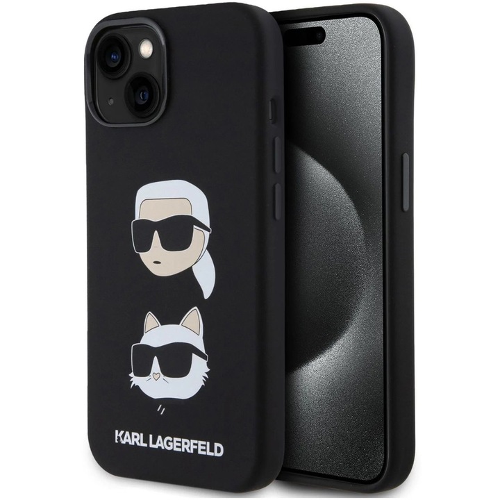 Защитен калъф Cover Karl Lagerfeld Liquid Silicone Karl and Choupette Heads за iPhone 15 Plus, черен