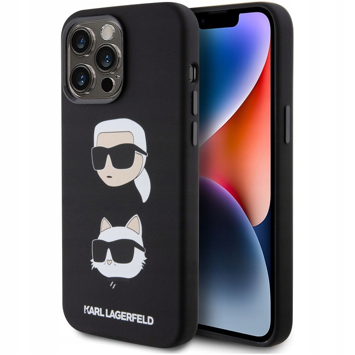 Husa de protectie Cover Karl Lagerfeld Liquid Silicone Karl and Choupette Heads pentru iPhone 15 Pro Max, Negru