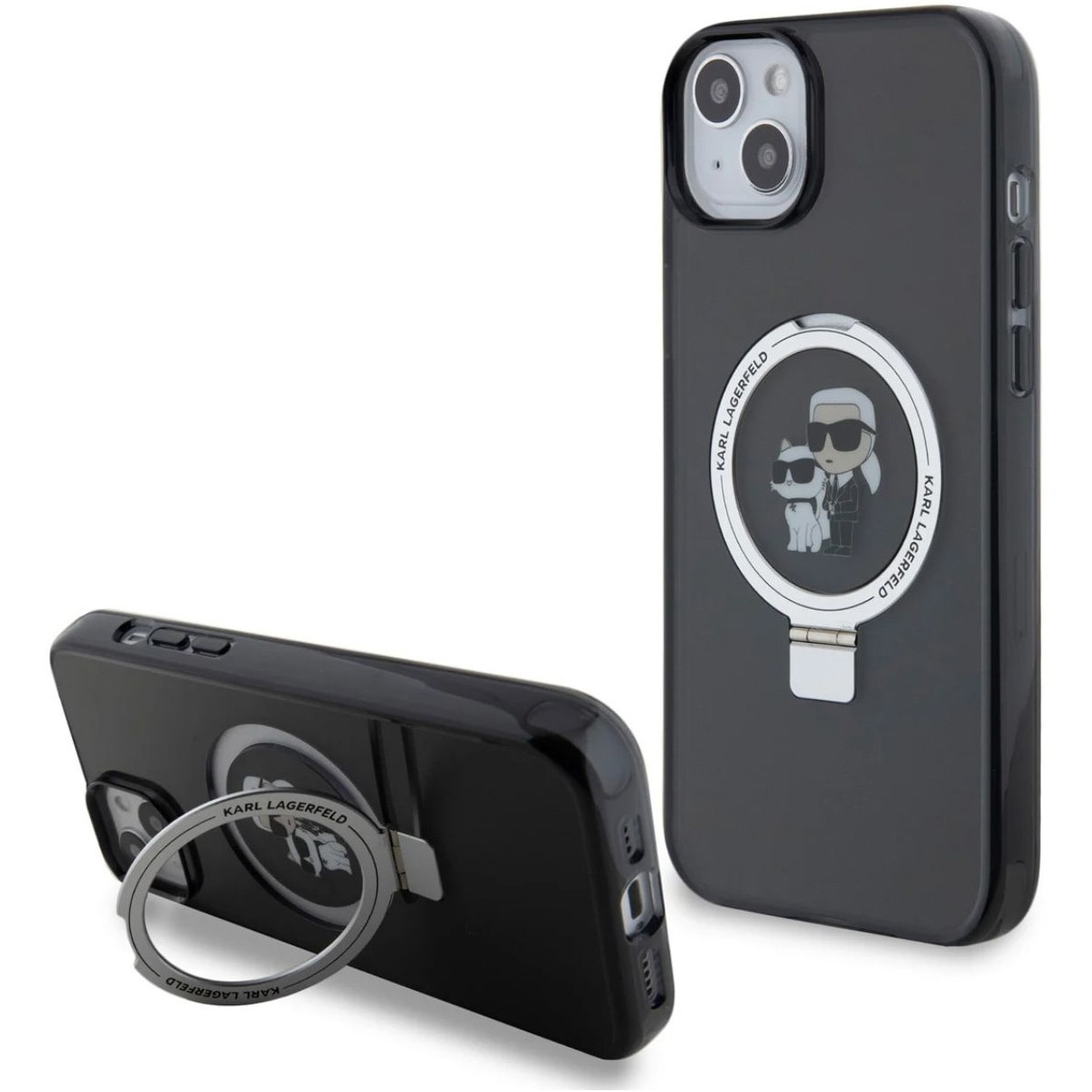 Husa de protectie Cover Karl Lagerfeld Ringstand Karl and Choupette MagSafe pentru iPhone 15, Negru