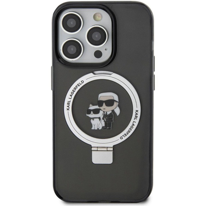 Защитен калъф Cover Karl Lagerfeld Ringstand Karl and Choupette MagSafe за iPhone 15 Pro, черен