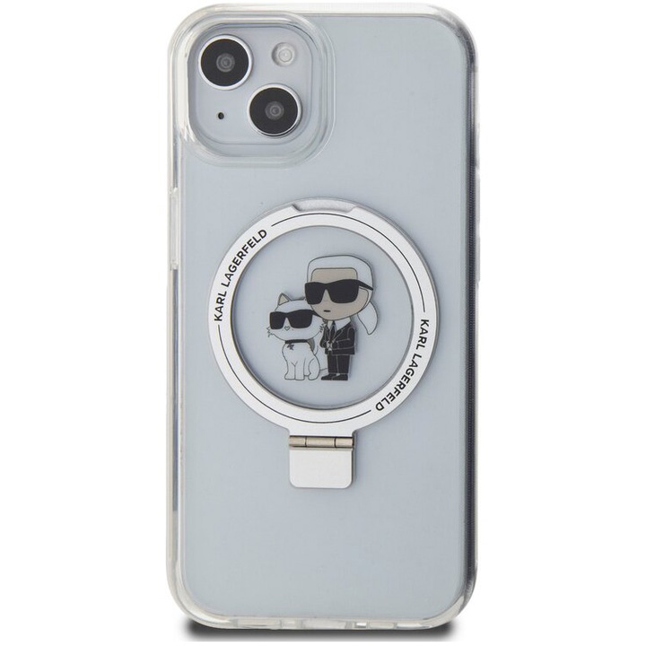 Husa de protectie Cover Karl Lagerfeld Ringstand Karl and Choupette MagSafe pentru iPhone 15, White
