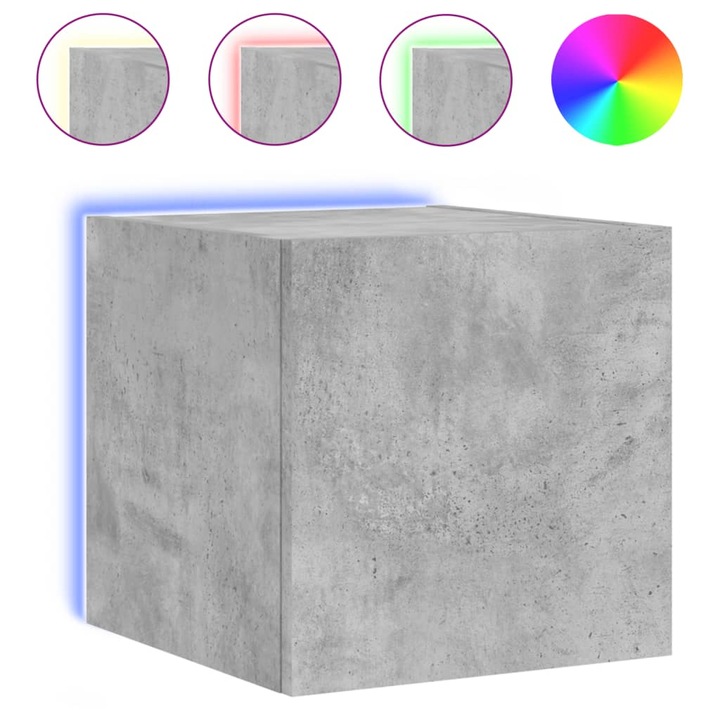Comoda TV de perete cu lumini LED vidaXL, gri beton, 30,5x35x30 cm,, 5.65 kg