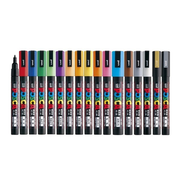 Комплект 17 маркера POSCA UNI Mitsubishi 3M, 0,9-1,3 мм, универсален връх, коничен, фин, боя на водна основа