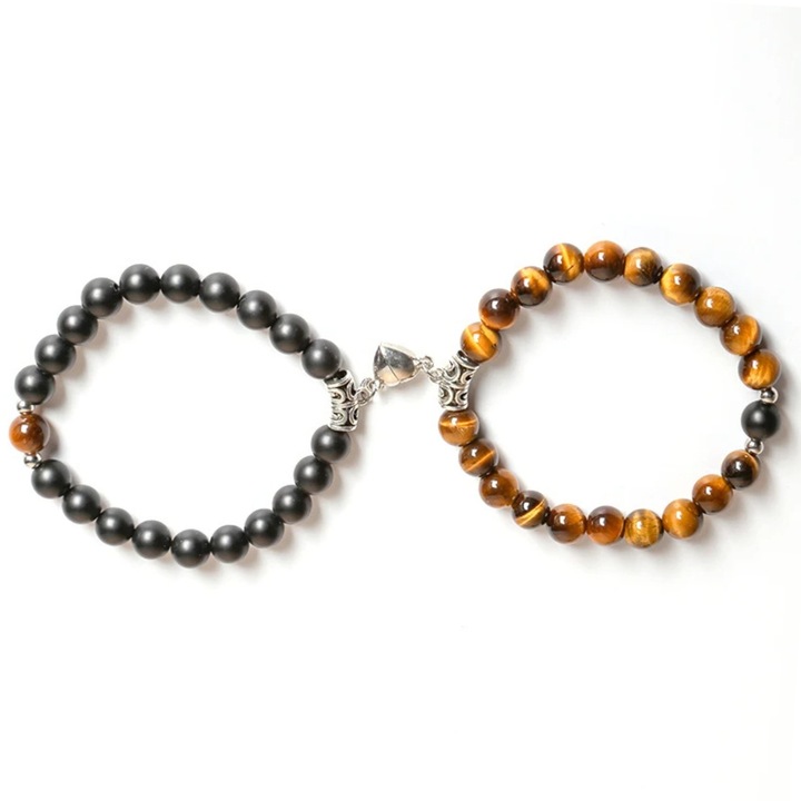 Set 2 bratari cuplu handmade Fiarra®, unisex, pietre semipretioase ochi de tigru si jasper, 8 mm