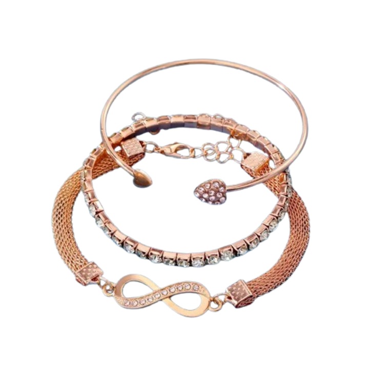 Set 3 bratari dama, Cu simbolul infinitului, Aliaj de zinc, Aurii, Reglabile plus 5, 6cm/2, 2in