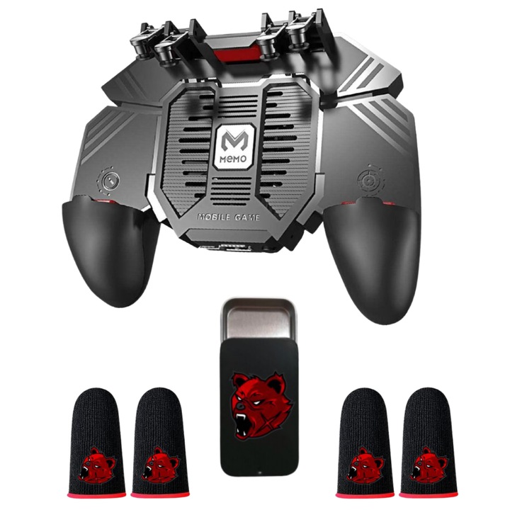 PRO csomag 1 db AK77 telefonvezérlő, 4000mAH akkumulátor 4 db professzionális játékkesztyűvel és fém tárolódobozzal, Angry Bear v6 Red szénszálas Pubg Fortnite Call of duty mobil