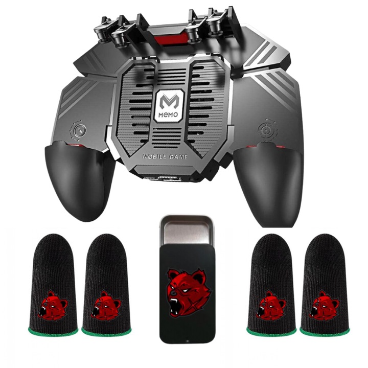 PRO csomag 1 db AK77 telefonvezérlő, 4000mAH akkumulátor 4 db professzionális játékkesztyűvel és fém tárolódobozsal, Angry Bear v6 Green szénszálas Pubg Fortnite Call of duty mobil