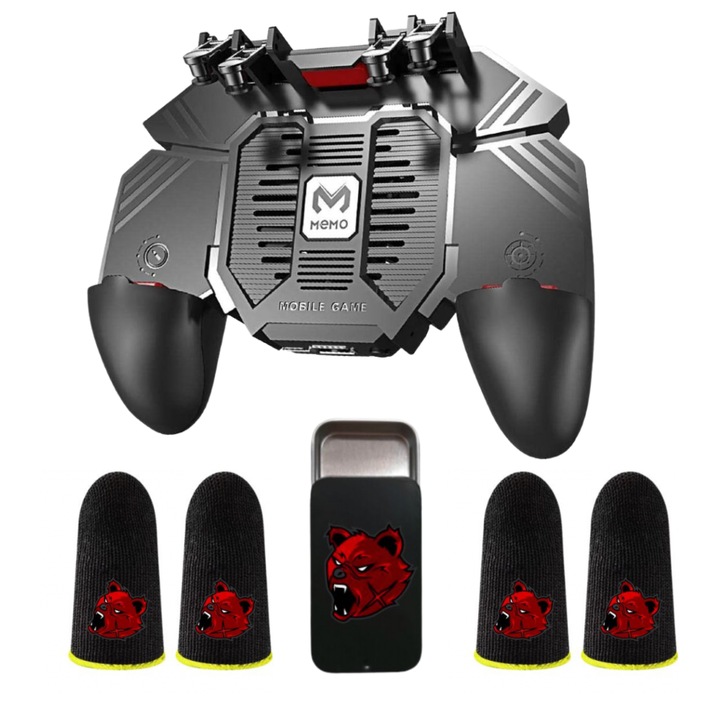PRO csomag 1 db AK77 telefonvezérlő, 4000mAH akkumulátor 4 db professzionális játékkesztyűvel és fém tárolódobozzal, Angry Bear v6 Yellow szénszálas Pubg Fortnite Call of duty mobil