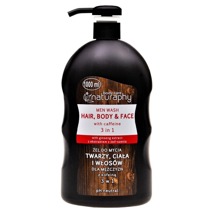 Sampon si gel de dus pentru barbati, cu cofeina, NATURAPHY, 1000 ML