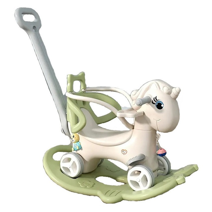 Balansoar 3 in 1 Nichiduta Garden Light Green transformabil in vehicul fara pedale cu maner parental, Roti EVA, Centuri de siguranta, jucarie muzicala, spatar si bara de siguranta detasabile