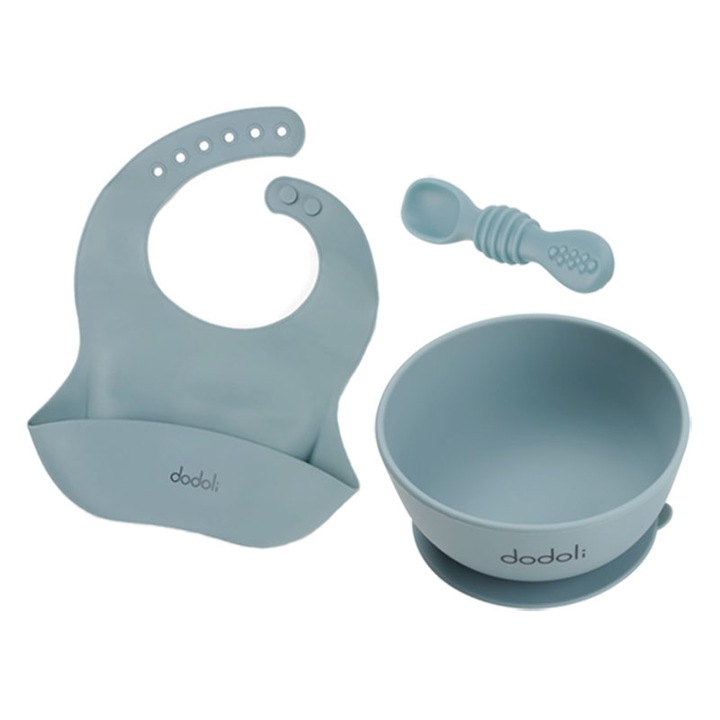 Хранителен силиконов комплект за разнообразяване и хранене с неплъзгаща се вендуза за бебета и деца - купа, лигавник, лъжица - Dodoli, Seablue