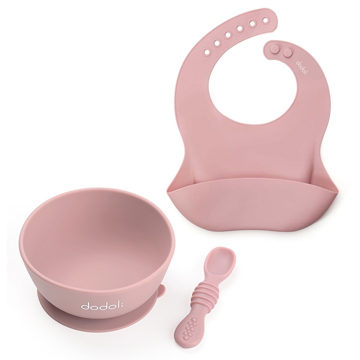 Set diversificare Dodoli din silicon pentru bebelusi cu bol, lingurita, baveta, Rosewood