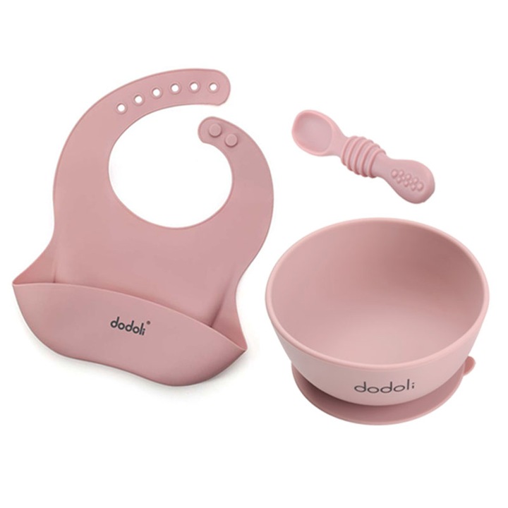 Хранителен силиконов комплект за разнообразяване и хранене с неплъзгаща се вендуза за бебета и деца - купа, лигавник, лъжица - Dodoli, Rosewood Pink
