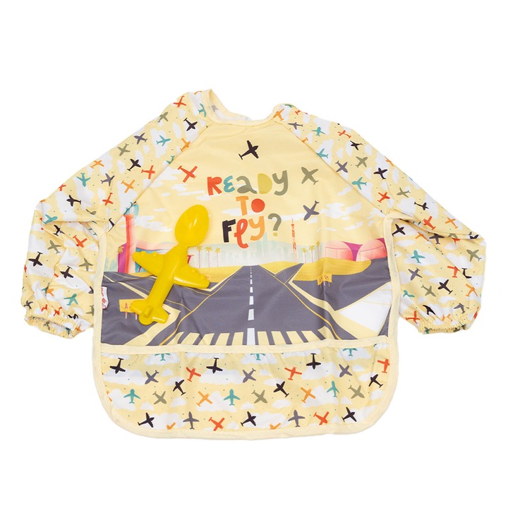 Baveta impermeabila cu maneci lungi si lingurita subtire, Motat, galben, marime 6 - 36 luni