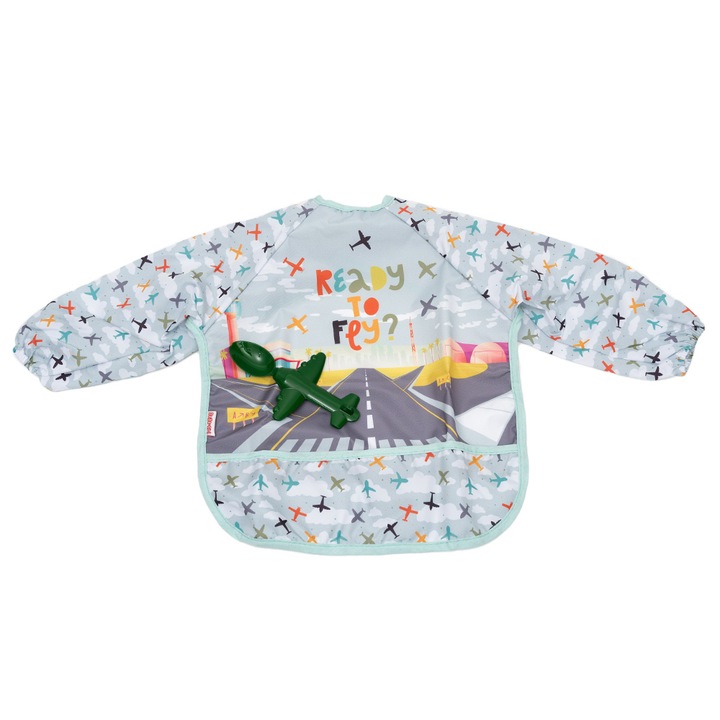 Baveta impermeabila cu maneci lungi si lingurita subtire, Motat, verde, marime 6 - 36 luni