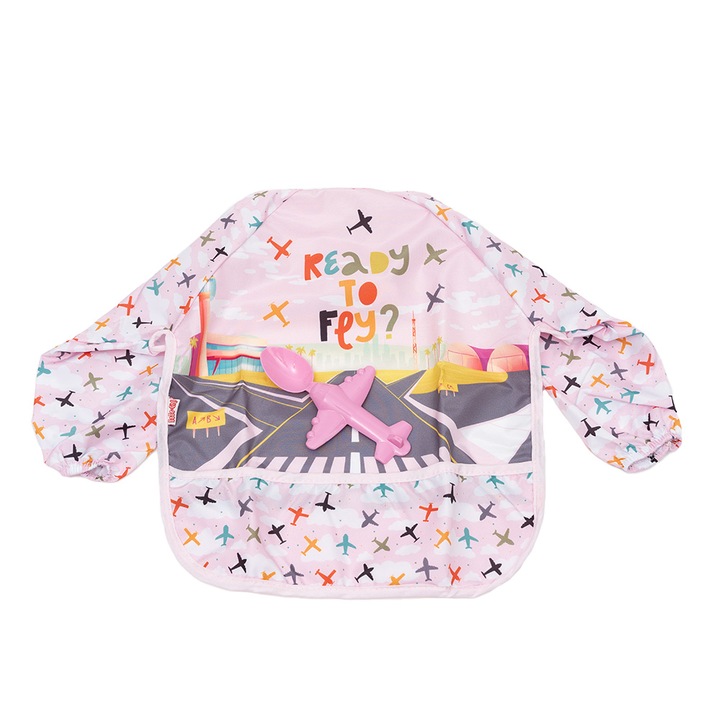 Baveta impermeabila cu maneci lungi si lingurita subtire, Motat, roz, marime 6 - 36 luni