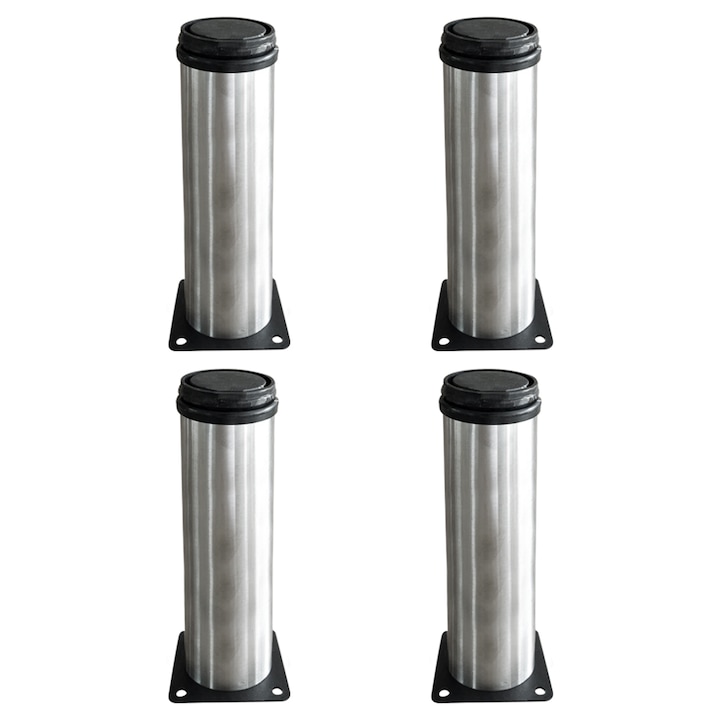 Set 4 picioare mobila, Otel inoxidabil, Ajustabile, 20cm, Argintiu/Negru