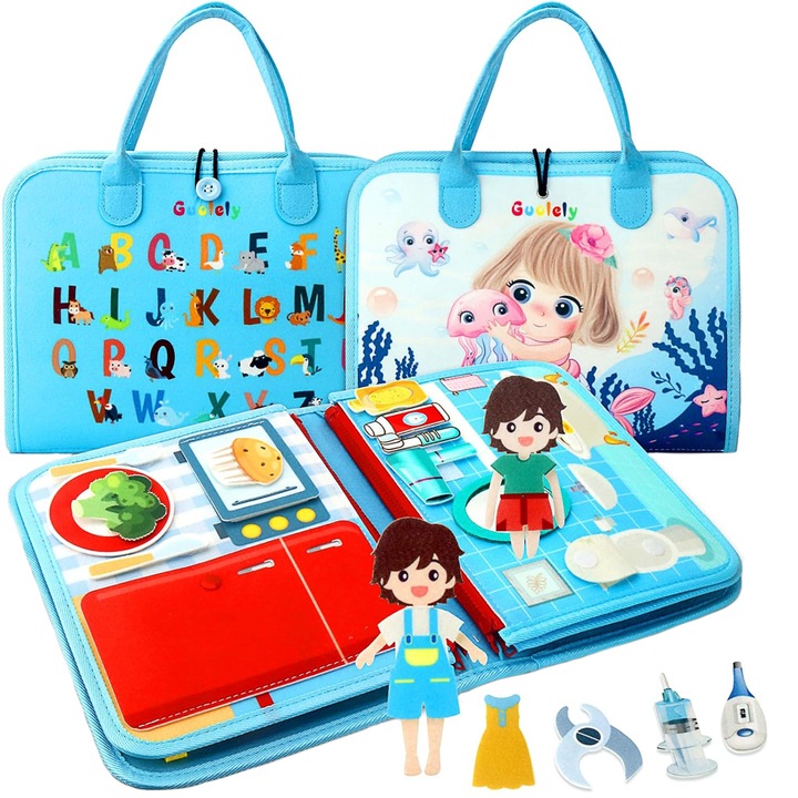 Jucarie interactiva Pitikot®, educationala, senzoriala, Busy Board, Montessori, carte, mapa, tip gentuta cu multiple activitati, ideala pentru calatorit, dezvoltarea abilitatilor motrice si atentiei, din material textil - Albastru deschis