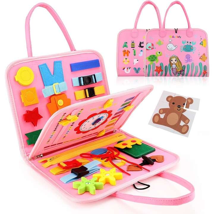 Сензорна играчка Pitikot Busy Board, Интерактивна, Образователна, Монтесори, книга, карта, тип чанта с множество дейности, идеална за пътуване, развиване на двигателни умения и внимание, изработена от текстил, Розов