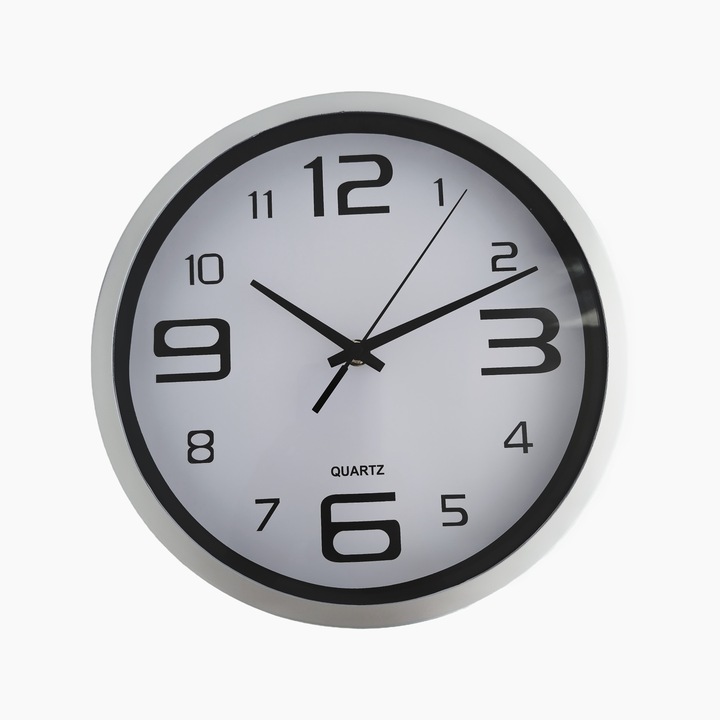 Декоративен часовник за стена, с КВАРЦ, кръгъл, бял фон - 25 см диаметър, 1 x AA