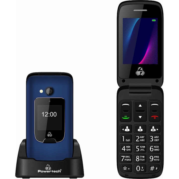 Telefon mobil, POWERTECH, Sentry Dual II PTM-26, cu ecran dublu, Apel SOS, Lanterna, cu caractere lizibile, Fara Meniu in Limba Romana, albastru