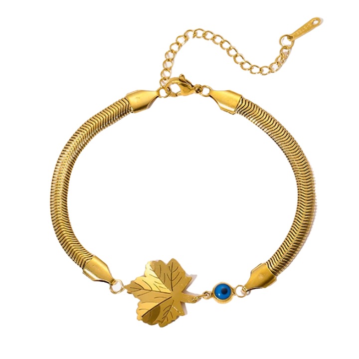 Bratara dama, model fashion cu pandantiv frunza delicata, accesoriu norocos, tematica culori de toamna, aurie, EFAYN