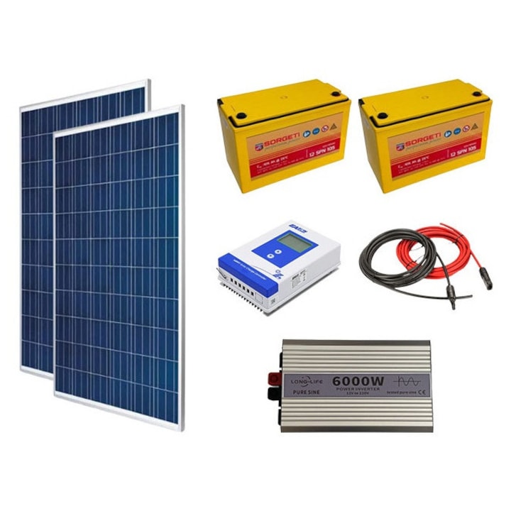 Kit fotovoltaic solar off-grid 560W cu 2 panouri policristaline de 280W, invertor sinus pur 6000W, controller MMPT 30A, baterii solare AGM 105 Ah, cabana, rulota, locuri izolate, container, Solid Volt