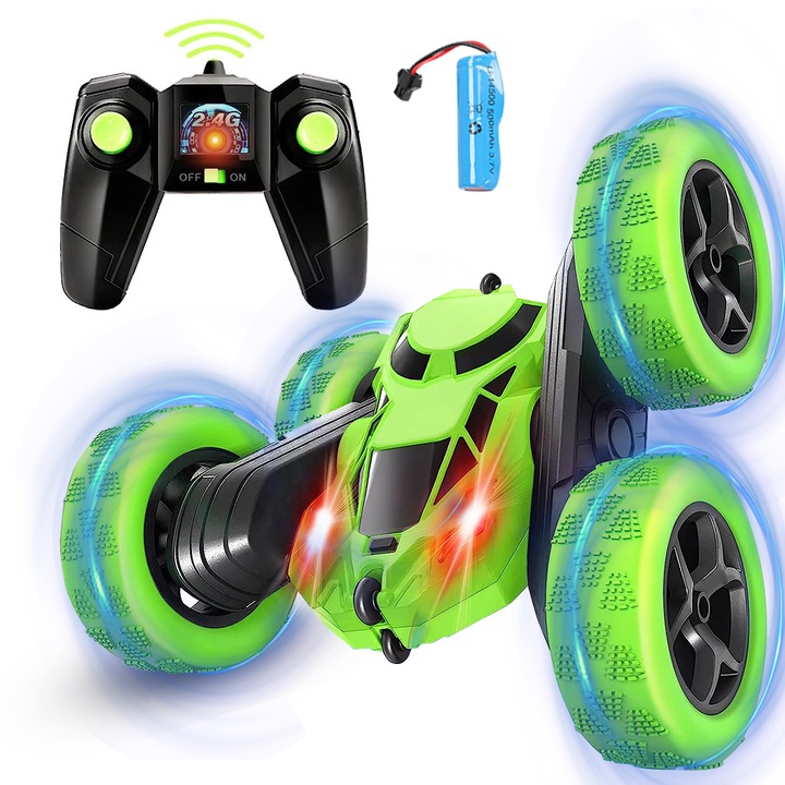 Кола с дистанционно управление за деца, YANX, 2.4GHz радиоуправляема, 360 градуса ротация, 4WD, Rock Crawler, офроуд, интерактивни светлини и звуци, зелен