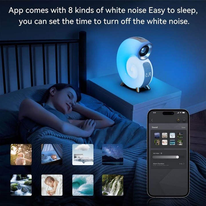 Lampa de veghe, difuzor Bluetooth si ceas cu alarma cu simulare a rasaritului