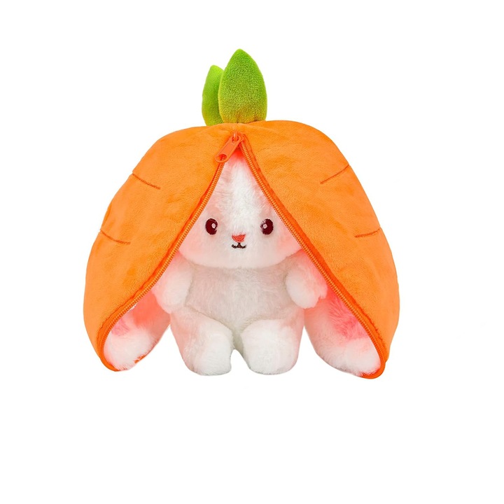 Плюшена играчка QttvbTna, двустранно зайче с елементи от морков или ягода, розово и оранжево, 26x13 см, 7 години